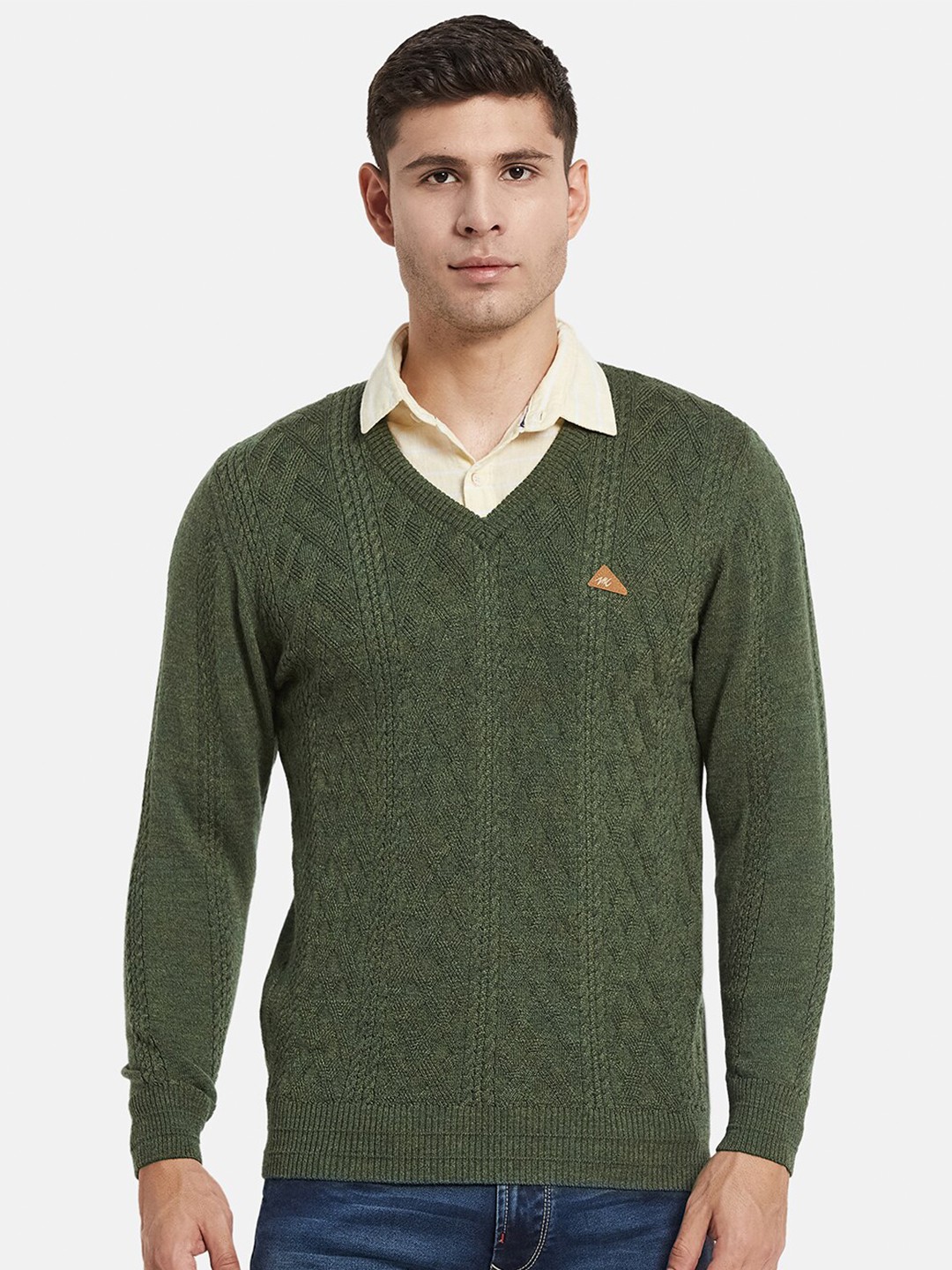

Monte Carlo Men Olive Green Self Design Long Sleeves Pullover Sweater