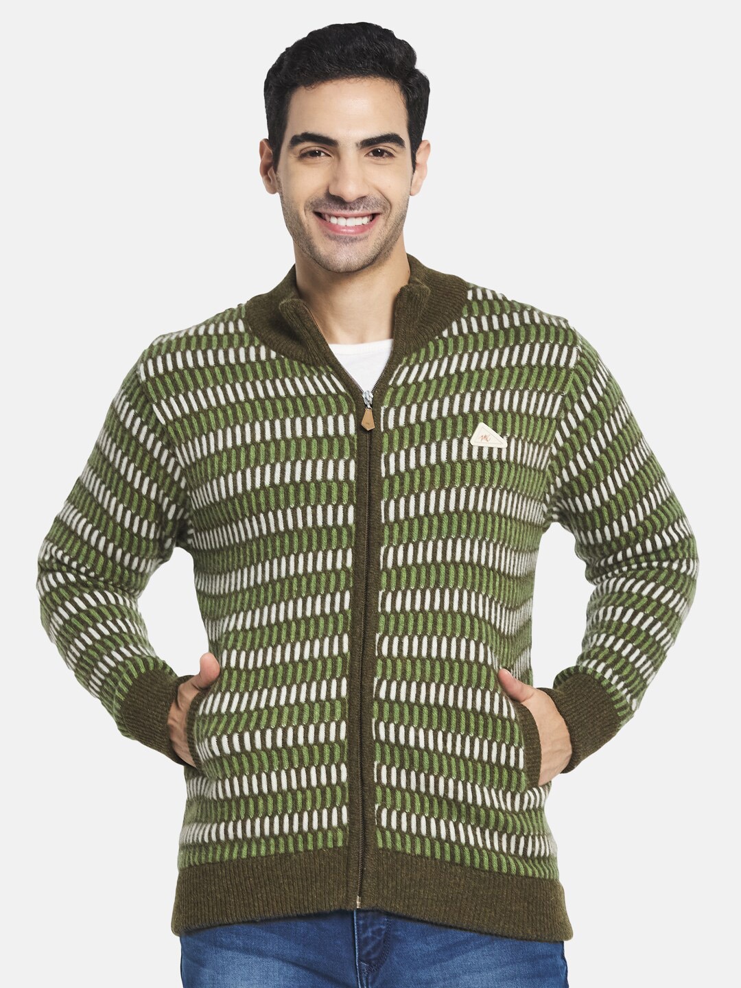 

Monte Carlo Men Green Geometric Self Design Long Sleeves Front Zip Woolen Cardigan