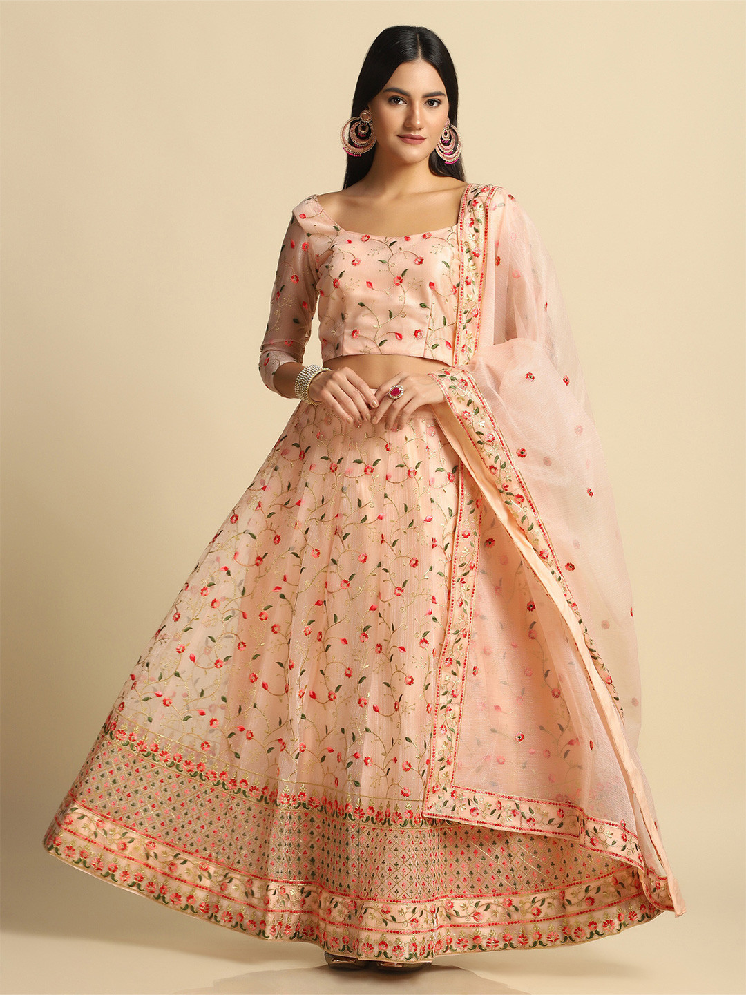 

Warthy Ent Women Peach-Coloured & Green Semi-Stitched Lehenga & Unstitched Blouse With