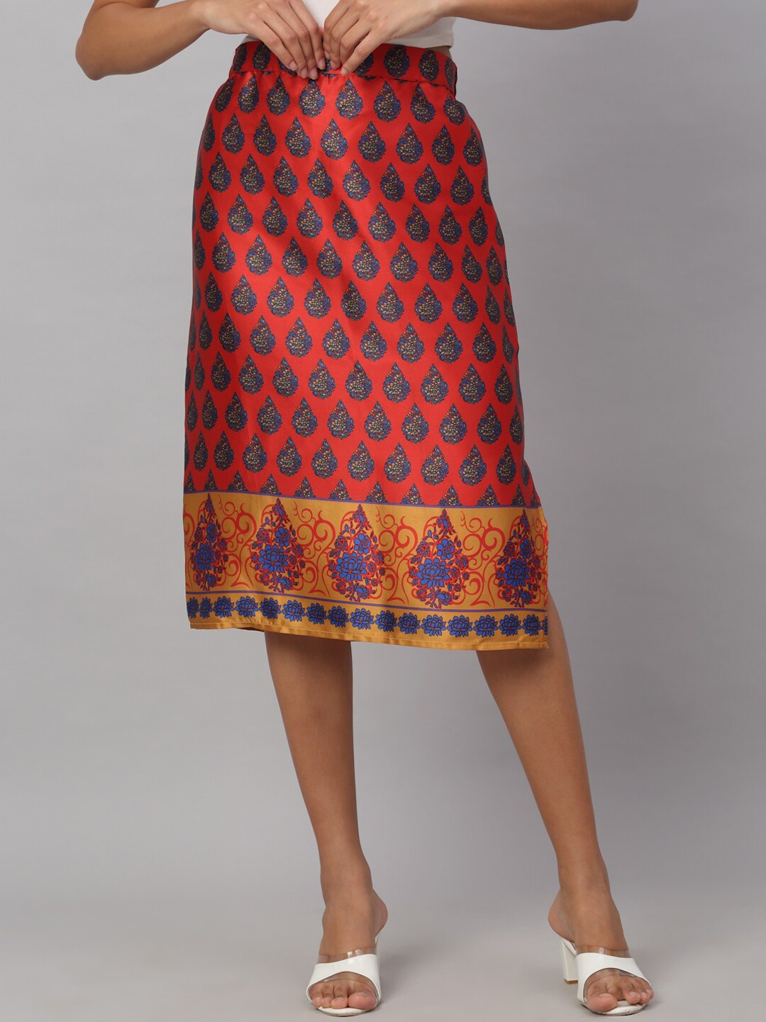 

NEUDIS Women Red & Blue Printed Straight Knee-Length Skirt