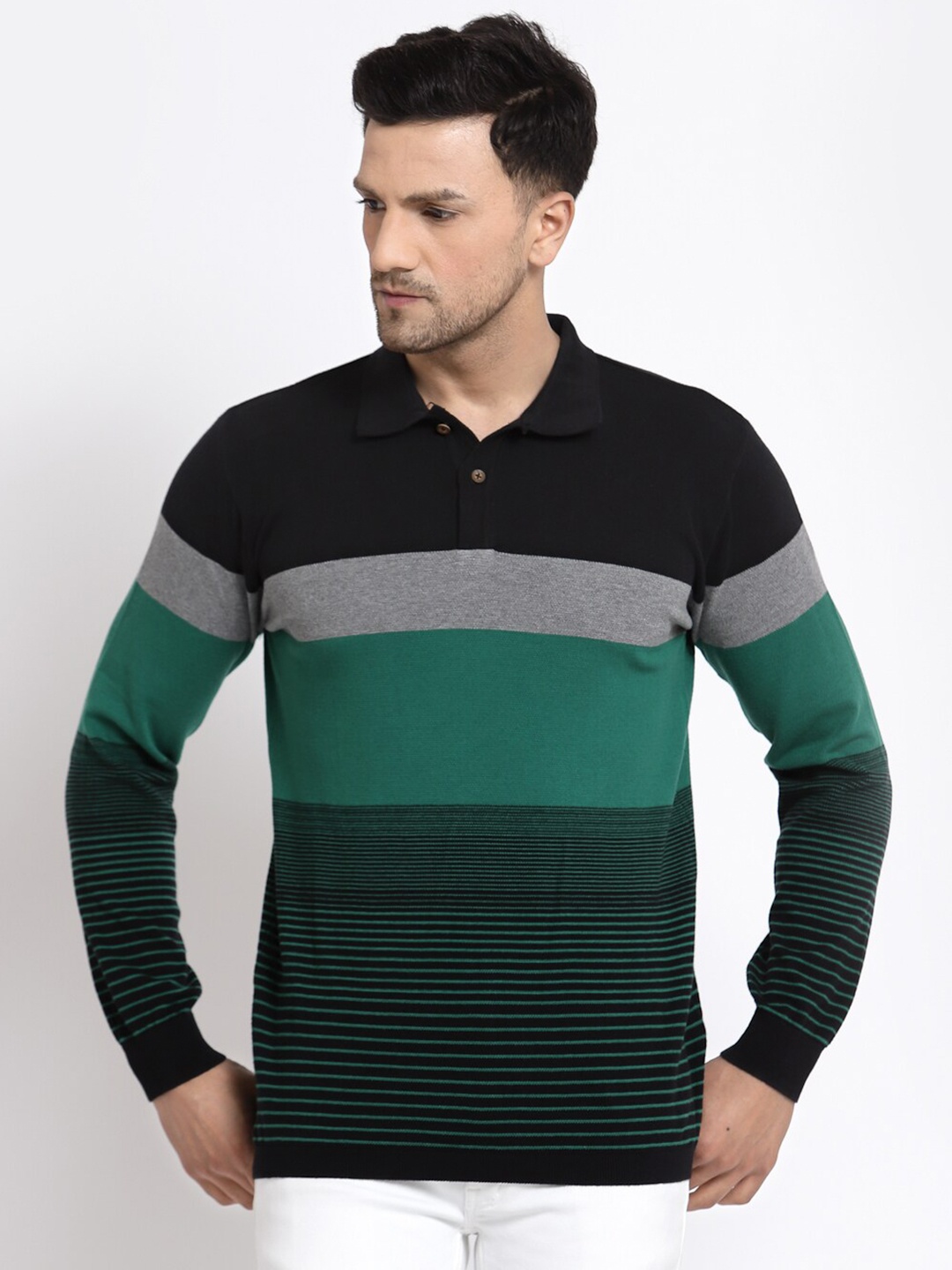 

Kalt Men Green And Black Striped Polo Collar Long Sleeves Cotton T-shirt