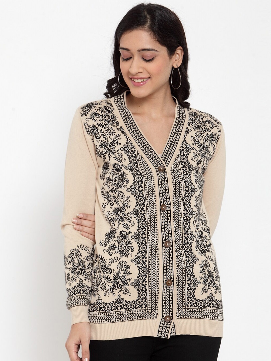 

Kalt Women Beige & Black Printed Cardigan