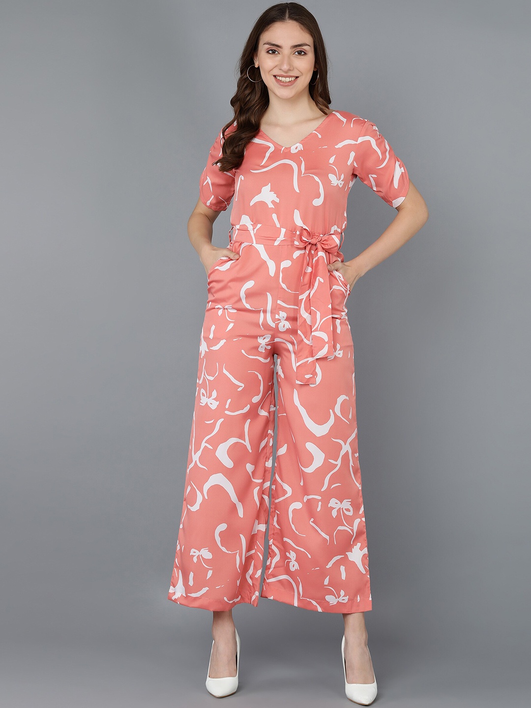 

Fashfun Women Pink & Off White Printed Basic Jumpsuit