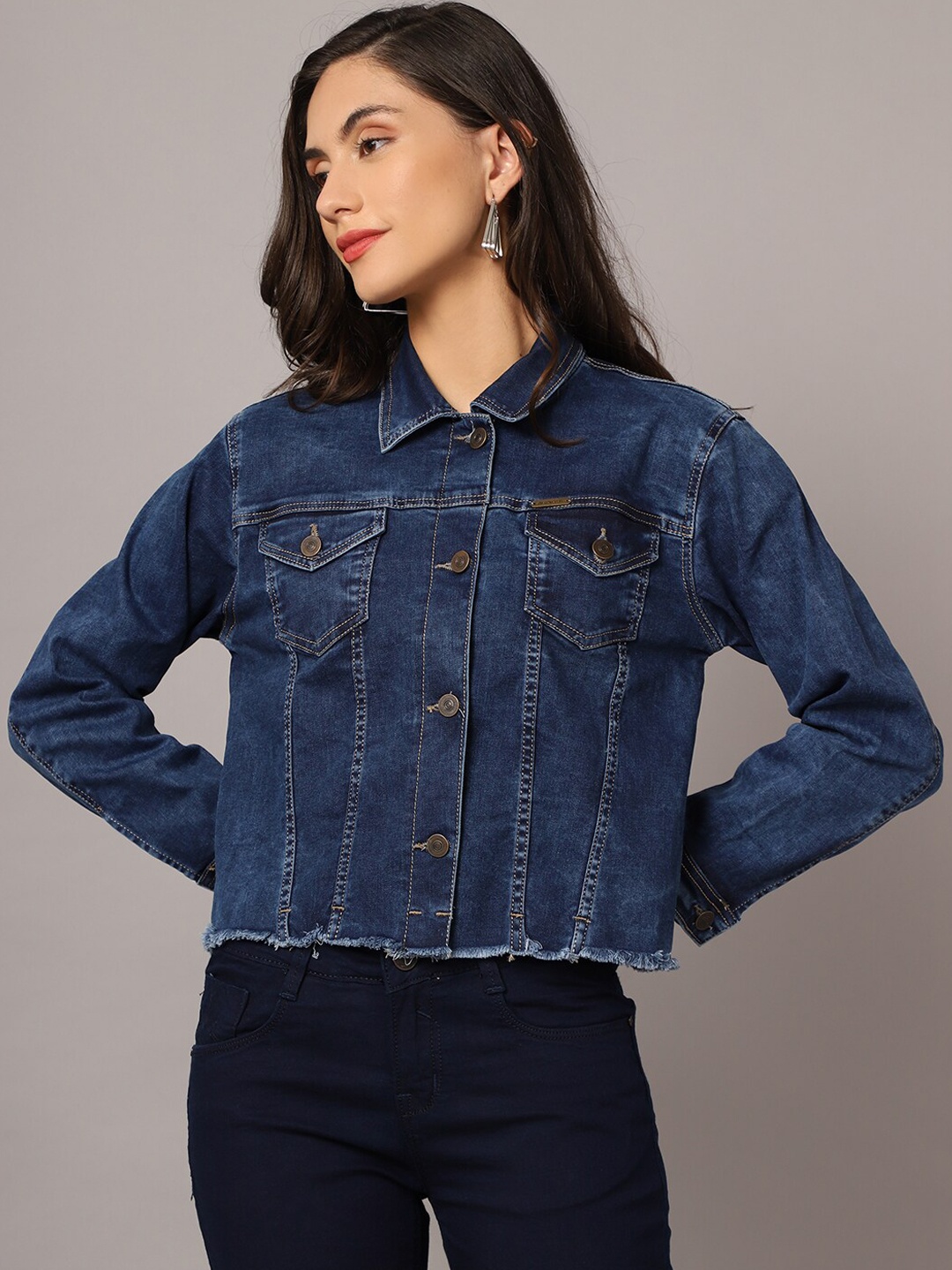 

River Of Design Jeans Women Navy Blue Washed Crop Denim Jacket