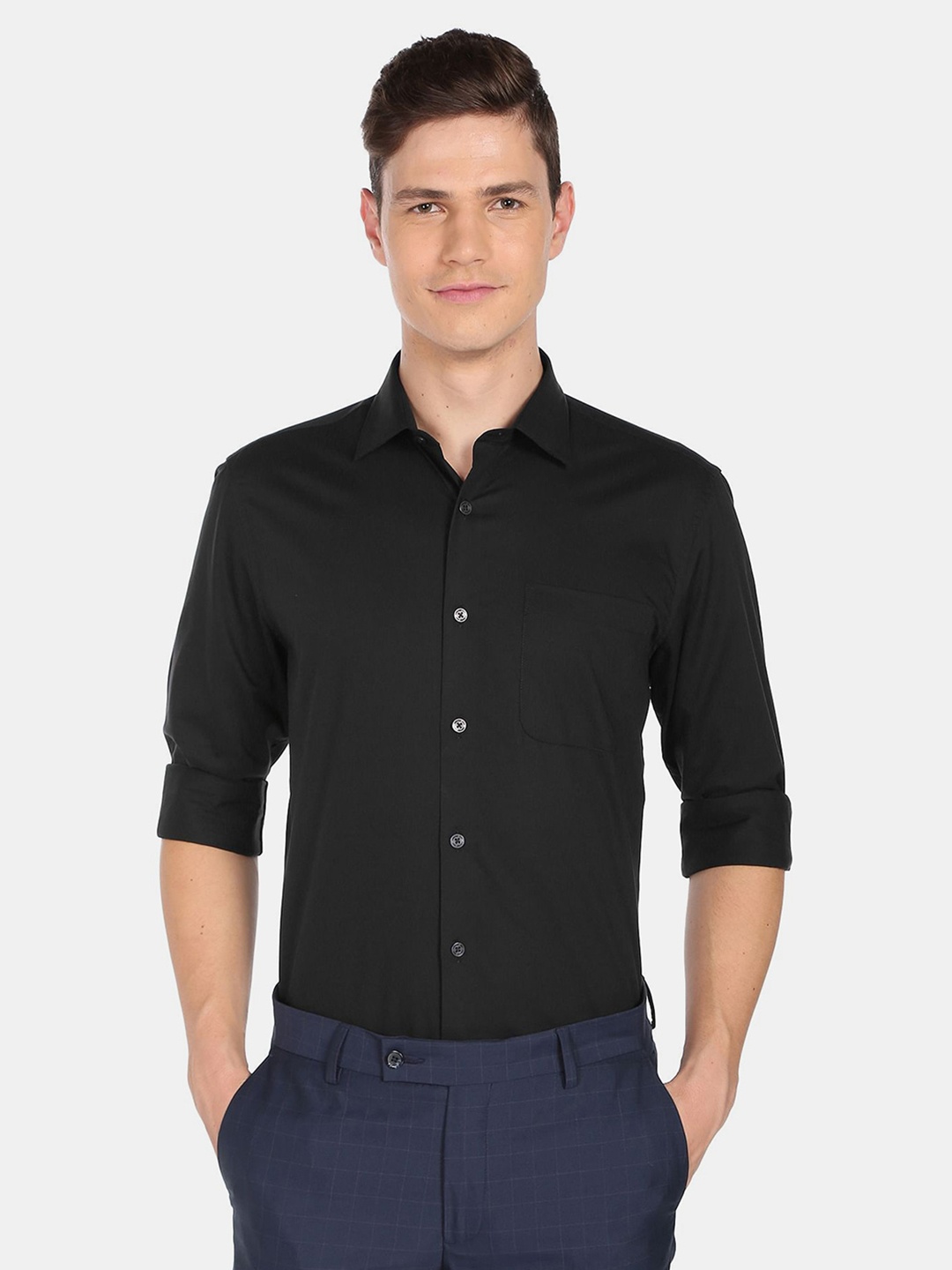 

AD By Arvind Men Black Solid Pure Cotton Formal Shirt