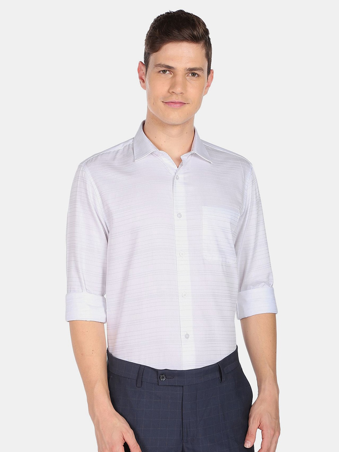 AD By Arvind Men White Horizontal Striped Pure Cotton Formal Shirt