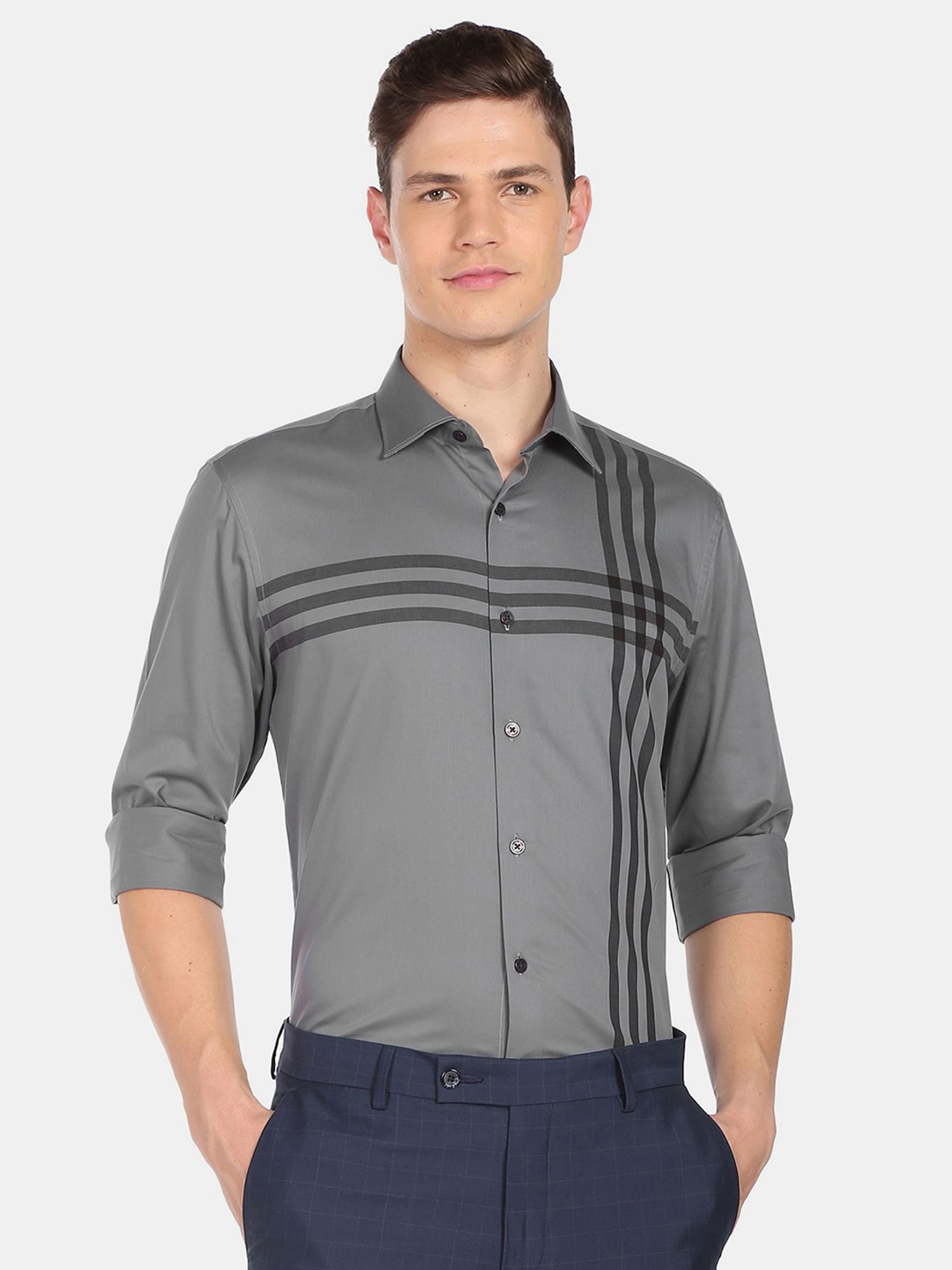 

AD By Arvind Men Grey Striped Pure Cotton Formal Shirt