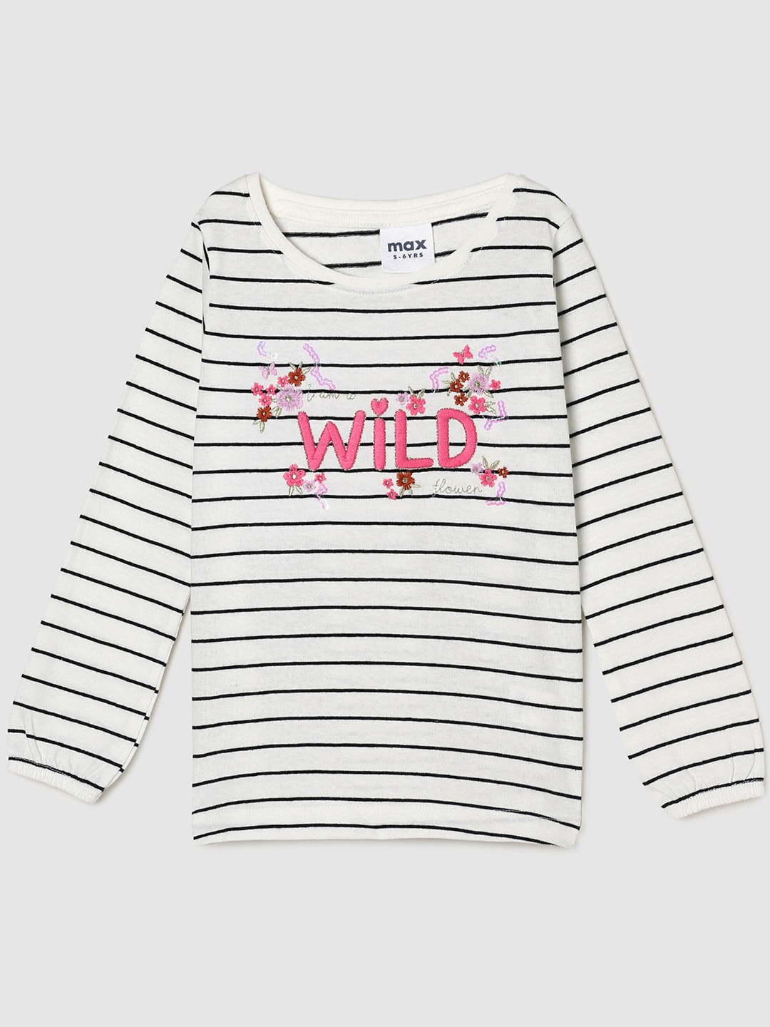 

max Girls Cream-Coloured Typography Striped Pure Cotton T-shirt