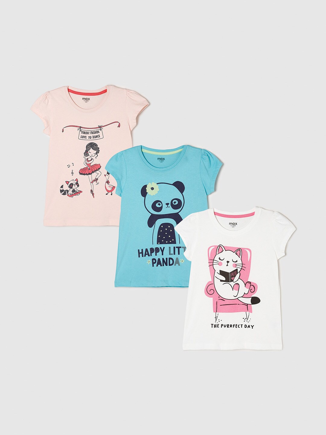 

max Girls White & Green Pack Of 3 Printed Pure Cotton T-shirt