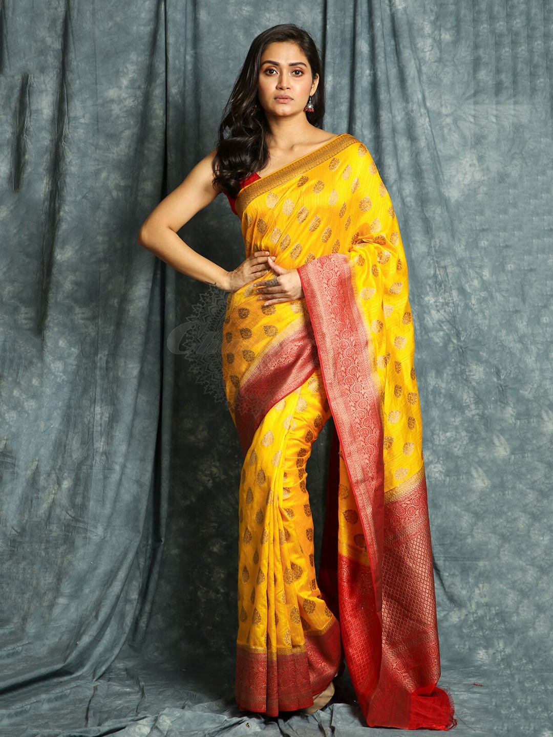 

Charukriti Yellow & Red Ethnic Motifs Pure Cotton Saree