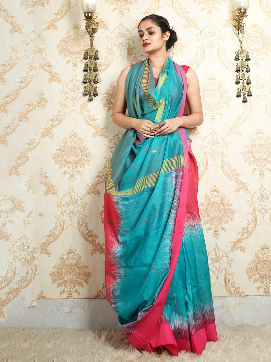 

Charukriti Blue & Pink Striped Pure Cotton Saree