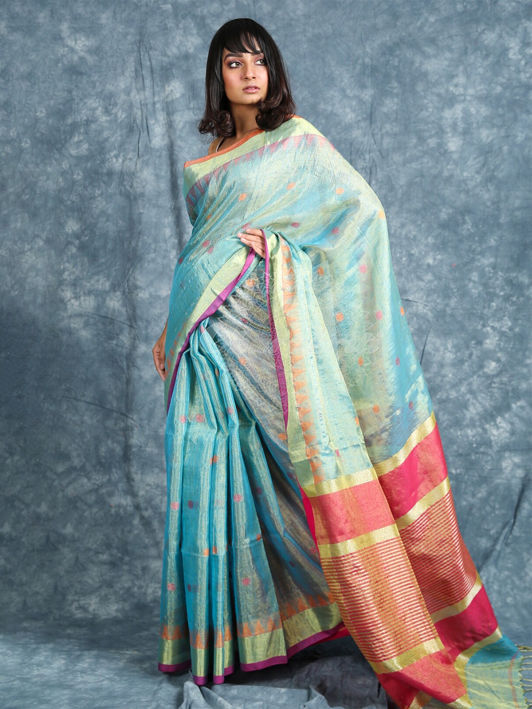 

Charukriti Blue & Pink Ethnic Motifs Pure Cotton Saree