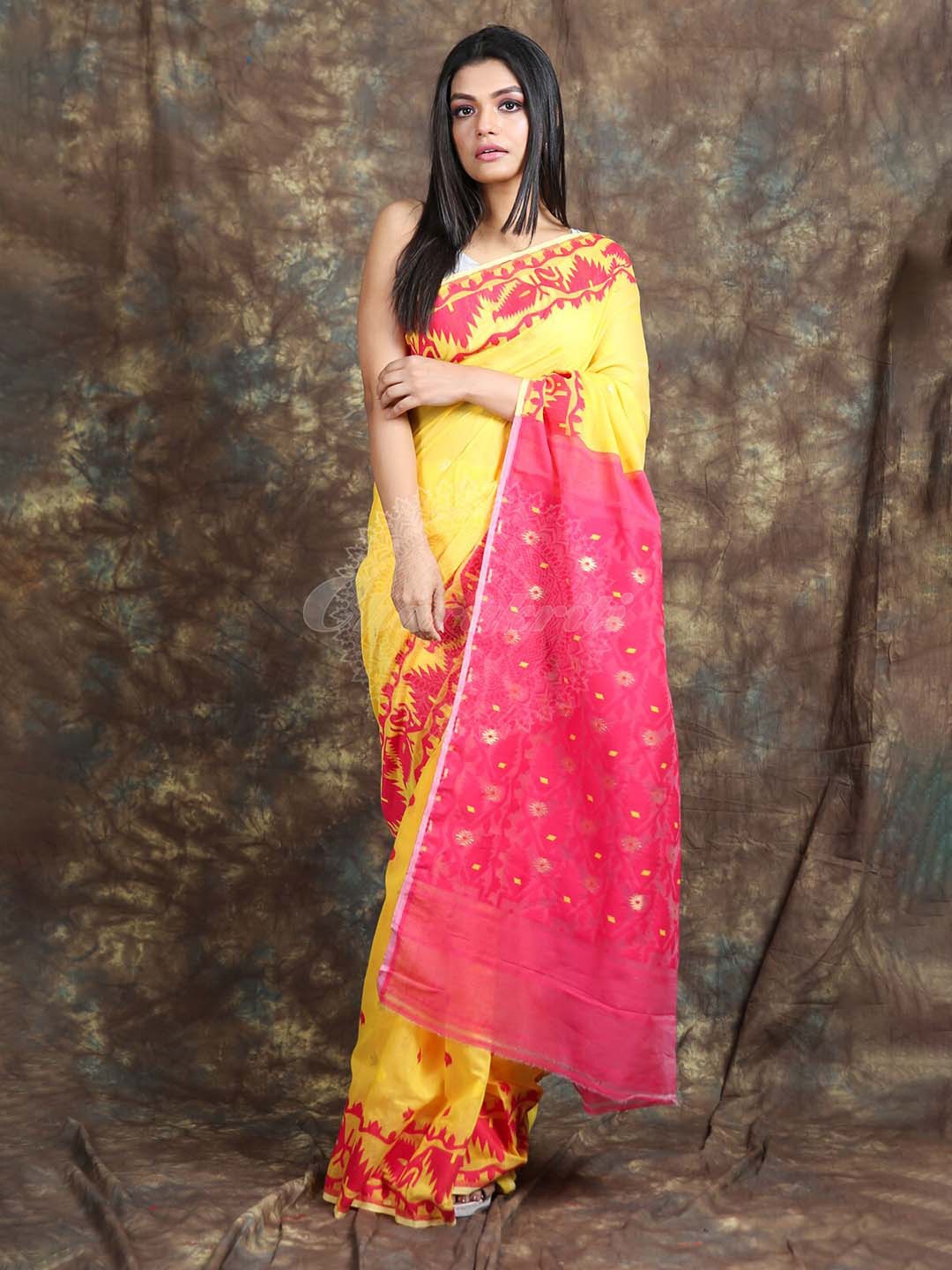 

Charukriti Yellow & Pink Ethnic Motifs Silk Cotton Jamdani Saree