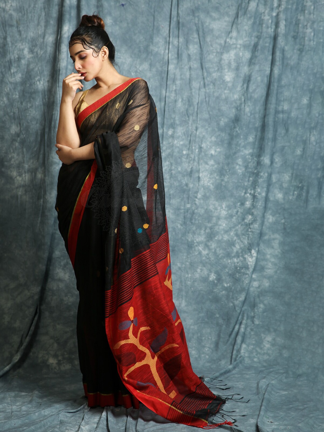 

Charukriti Black & Red Ethnic Motifs Saree