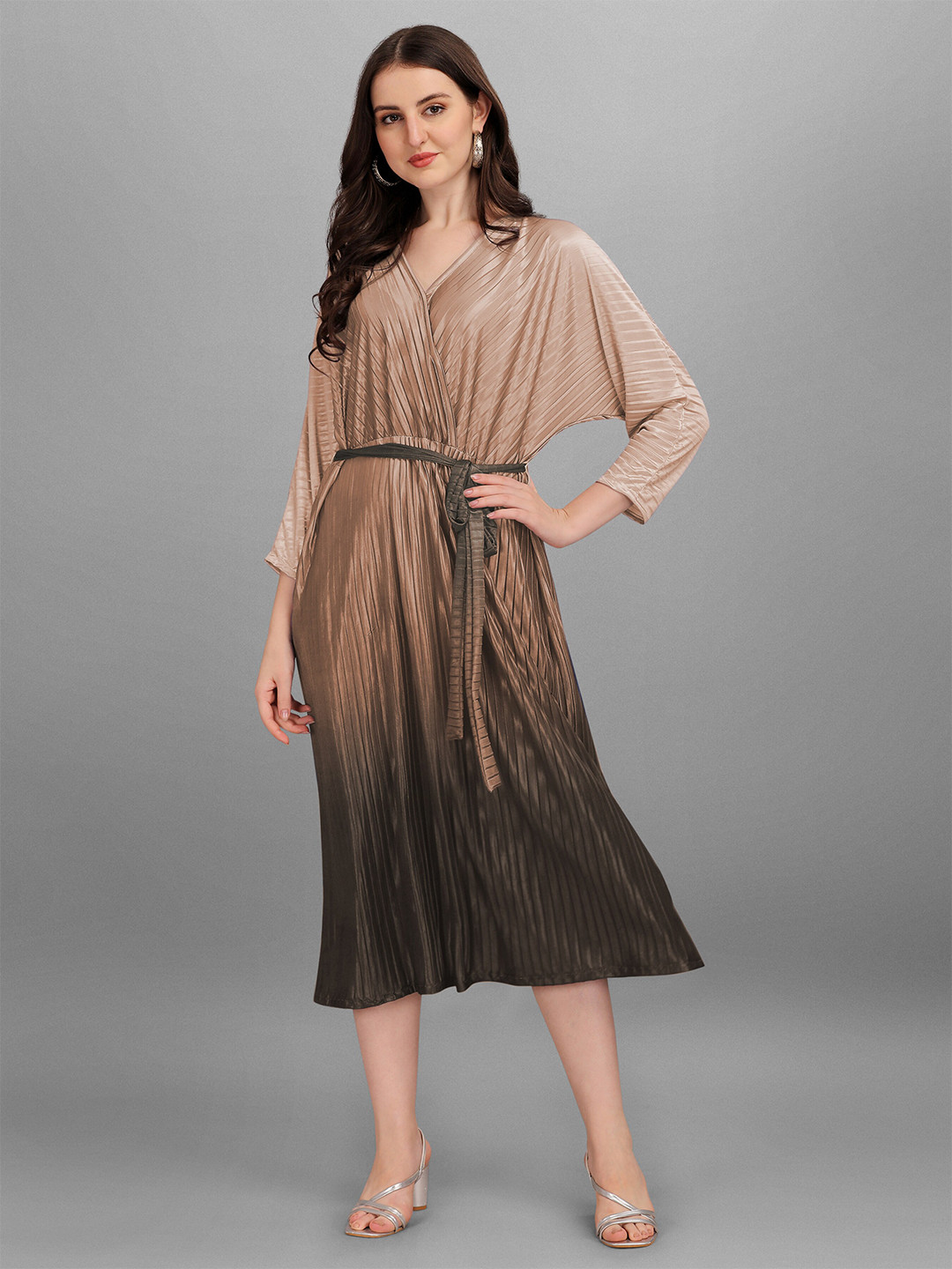 

Urban Luxe Gold-Toned Striped Midi Pleated Dress