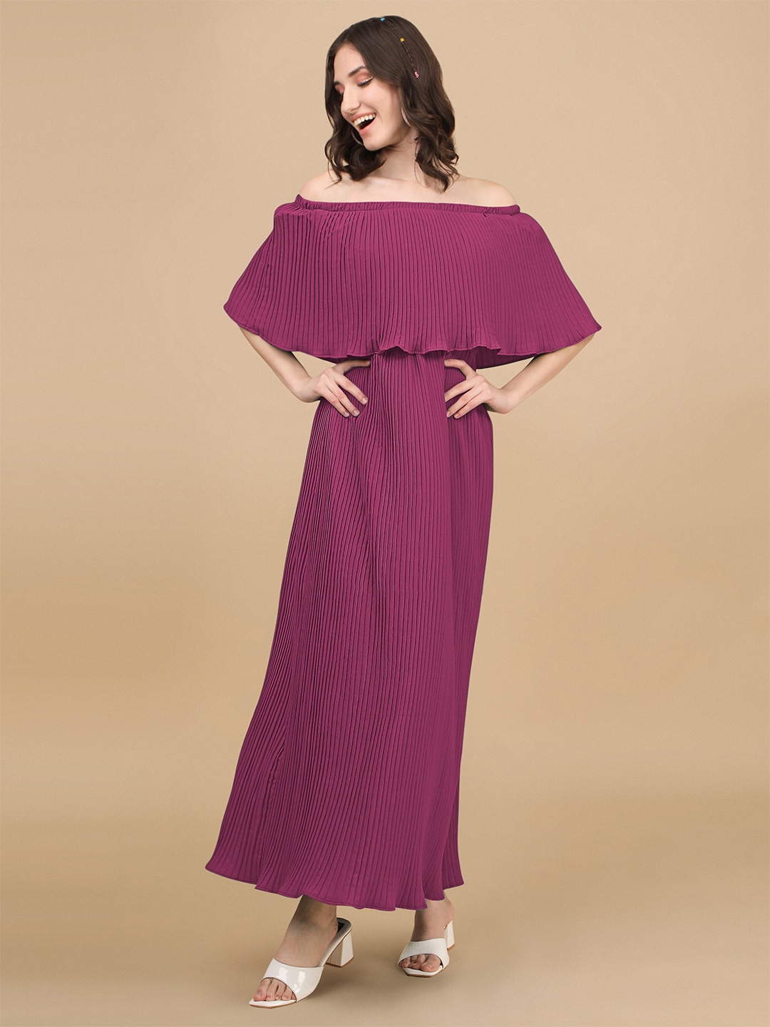 

Urban Luxe Maroon Off-Shoulder Maxi Pleated Dress