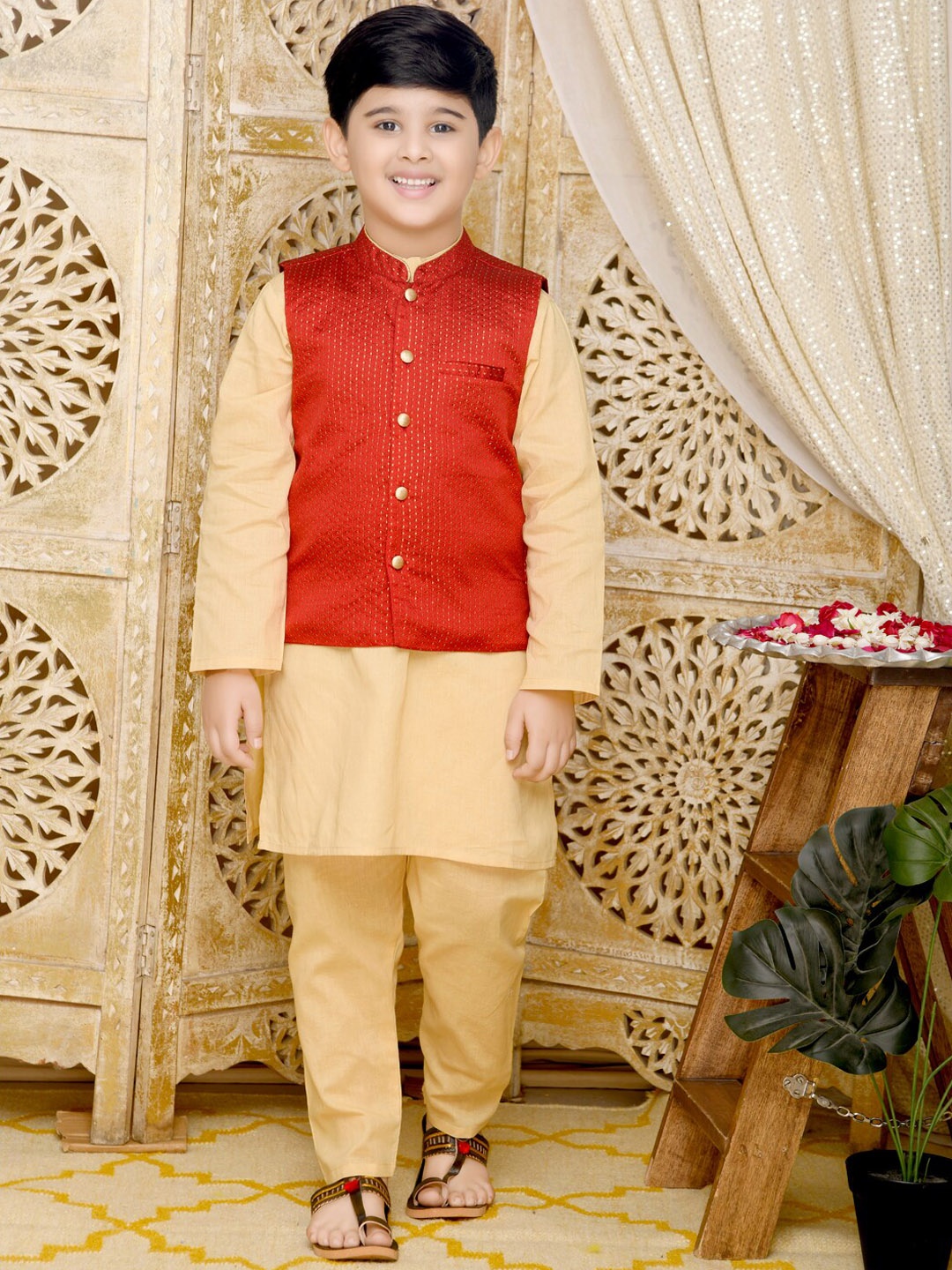 

SAKA DESIGNS Boys Pure Cotton Kurta with Pyjamas & Jacket, Gold