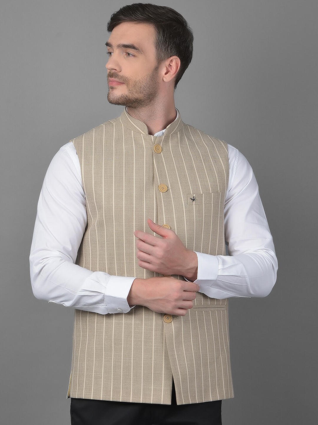 

Canary London Beige Striped Slim Fit Nehru Jacket