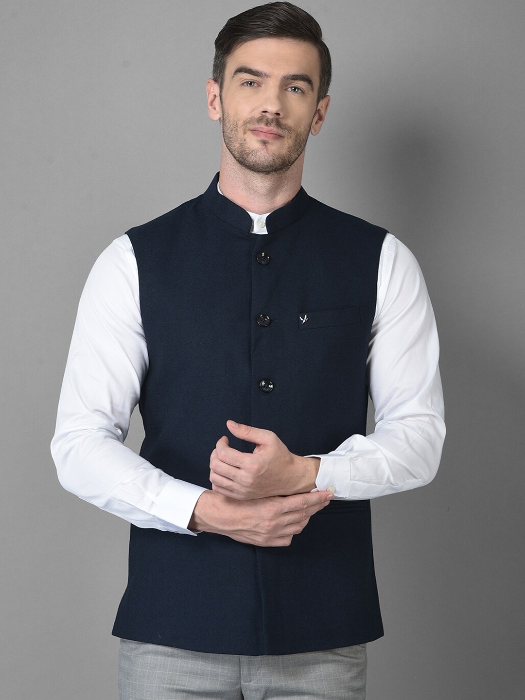 

Canary London Men Navy Blue Solid Slim Fit Nehru Jacket