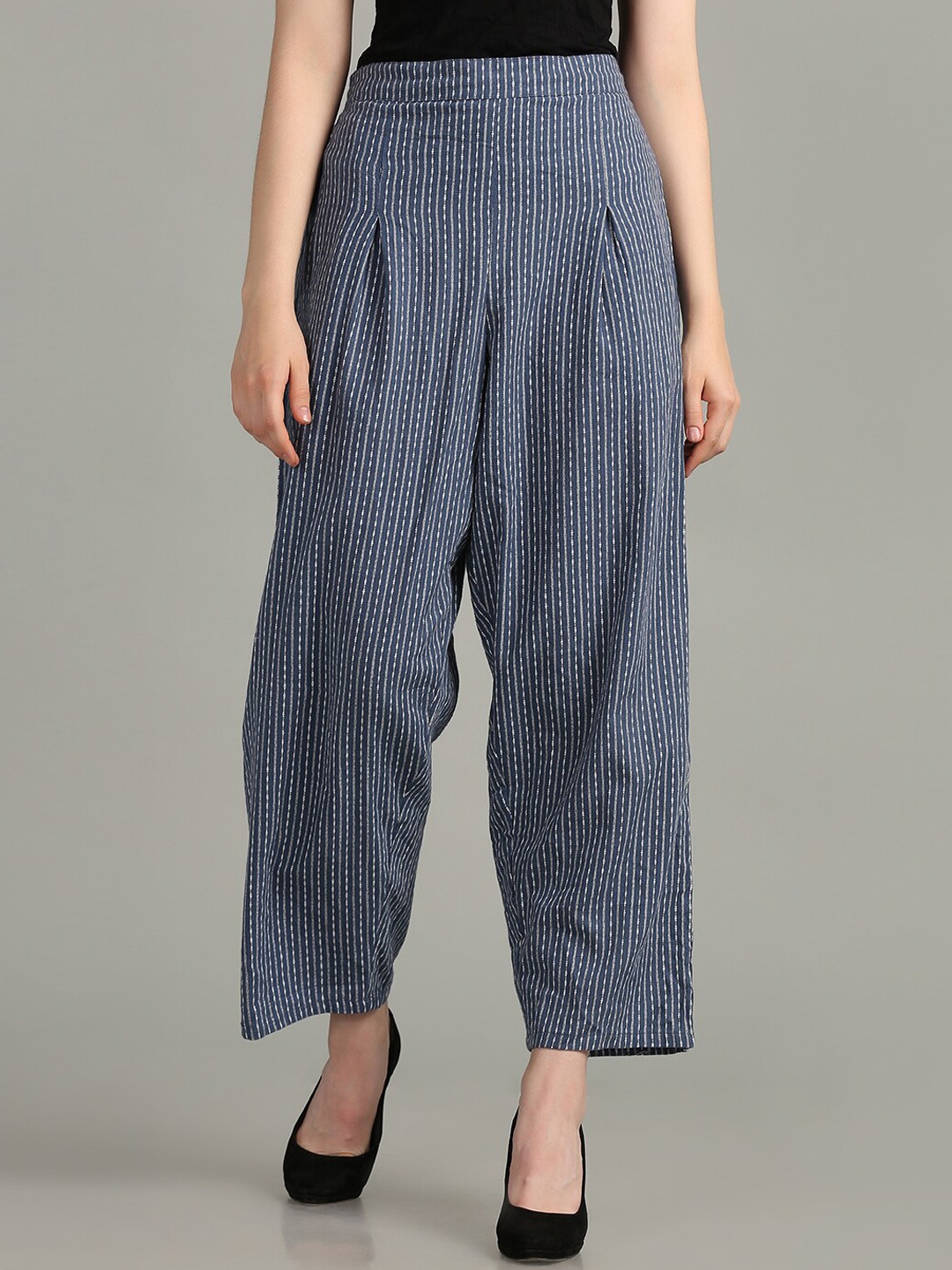 

SAKIA Women Navy Blue Striped High-Rise Pleated Cotton Trousers