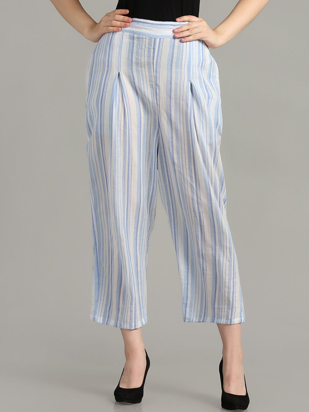 

SAKIA Women White Striped High-Rise Pleated Cotton Trousers