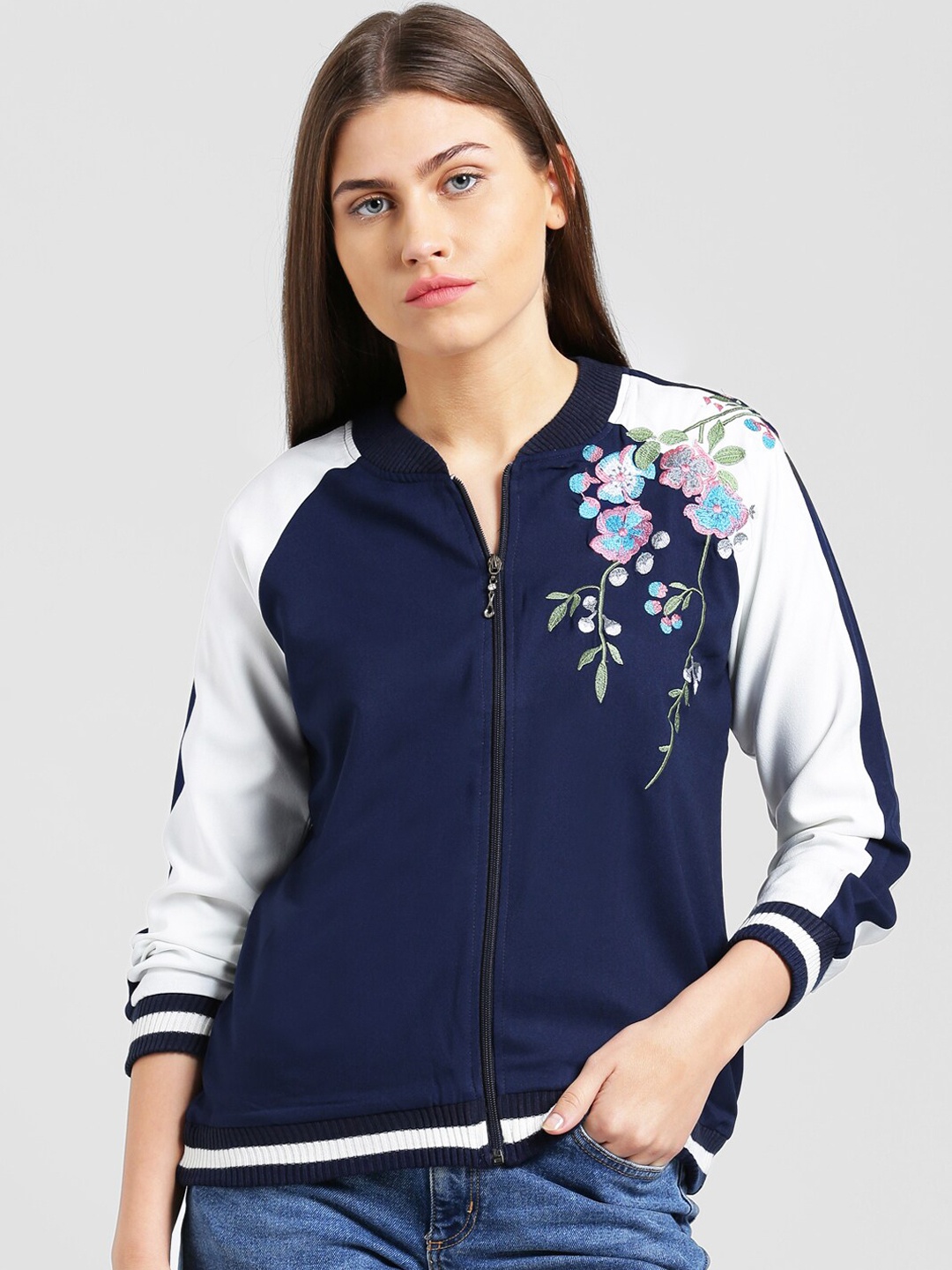

Be Indi Women Navy Blue & White Colourblocked Lightweight Embroidered Varsity Jacket
