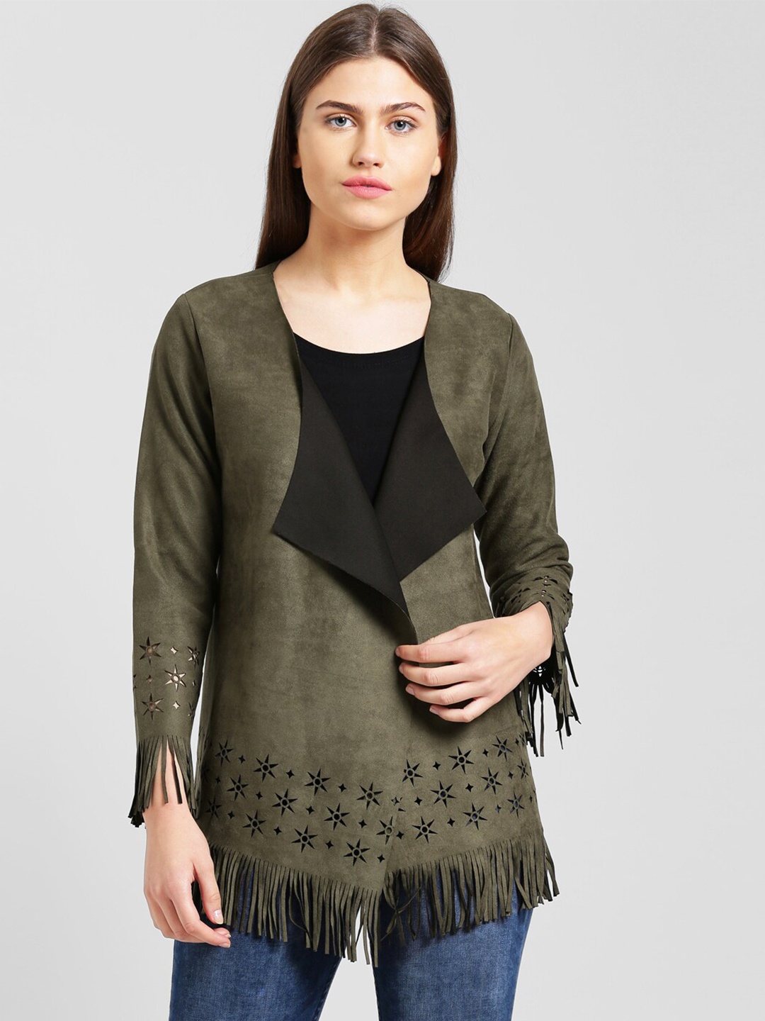 

Be Indi Women Olive Green Tasselled Shrug