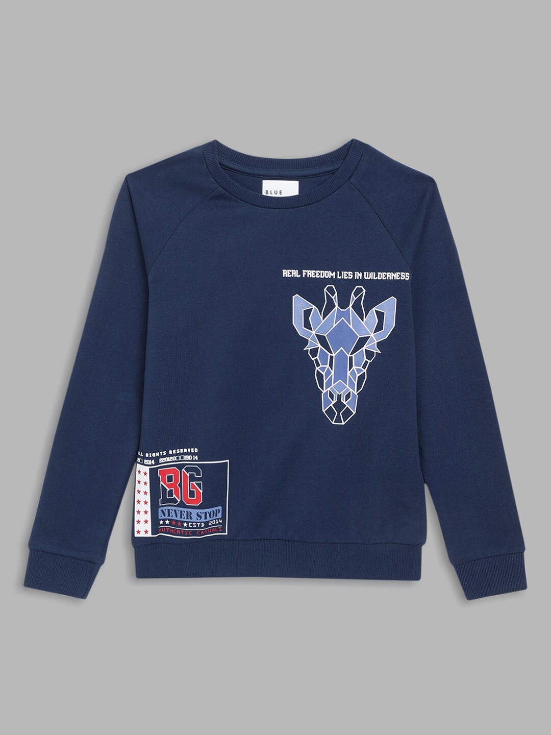 

Blue Giraffe Boys Navy Blue Printed Pure Cotton Pullover Sweatshirt