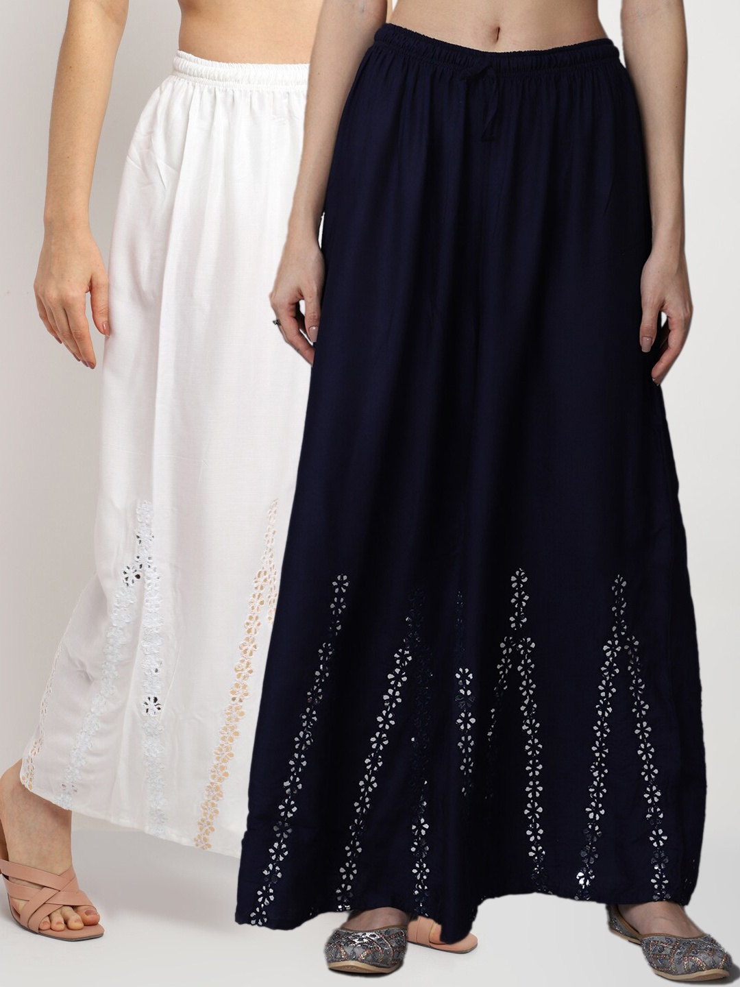 

GRACIT Women Navy Blue & Off White Pack of 2 Floral Flared Ethnic Palazzos