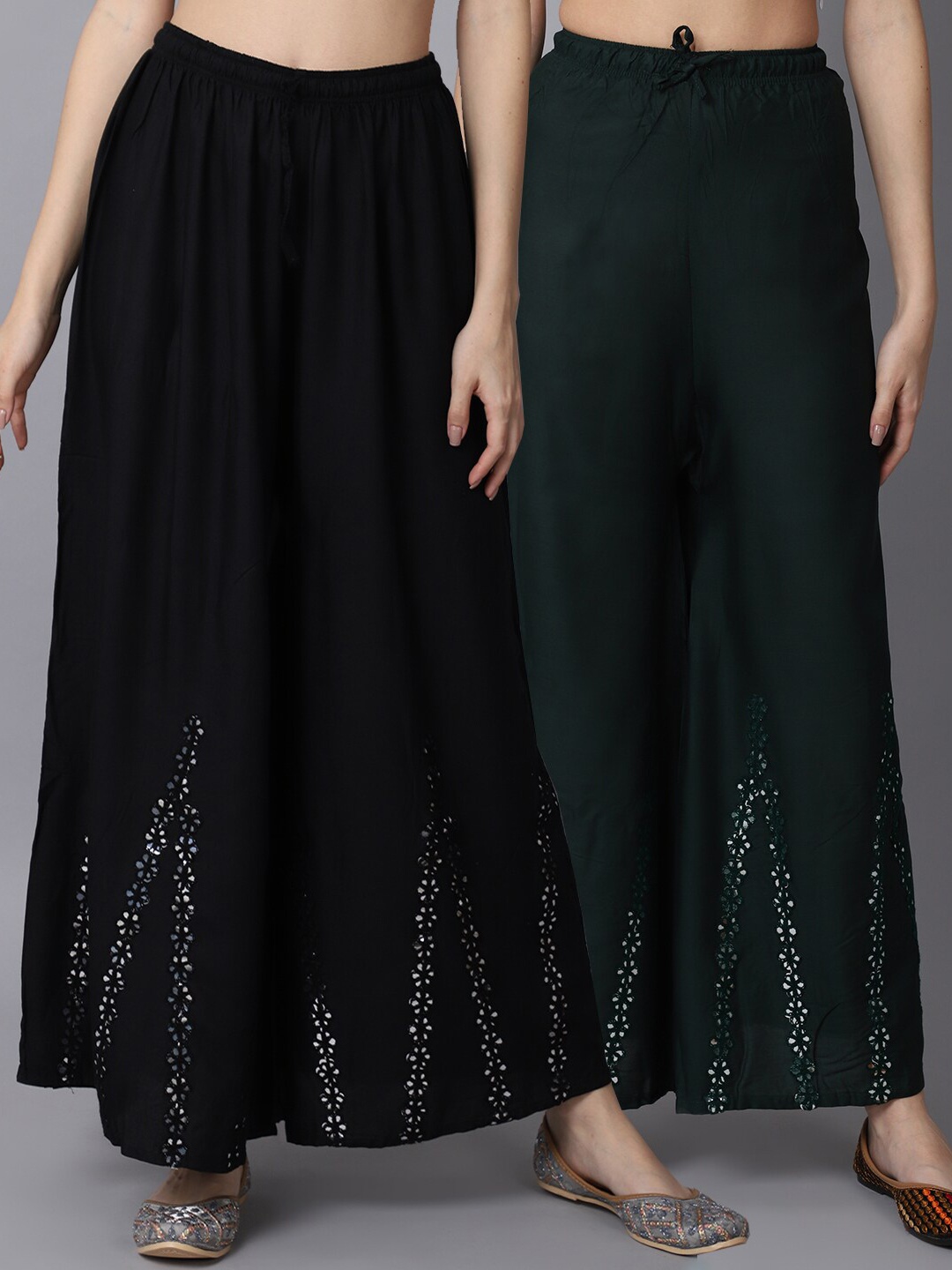 

GRACIT Women Black & Green Pack of 2 Floral Flared Knitted Palazzos