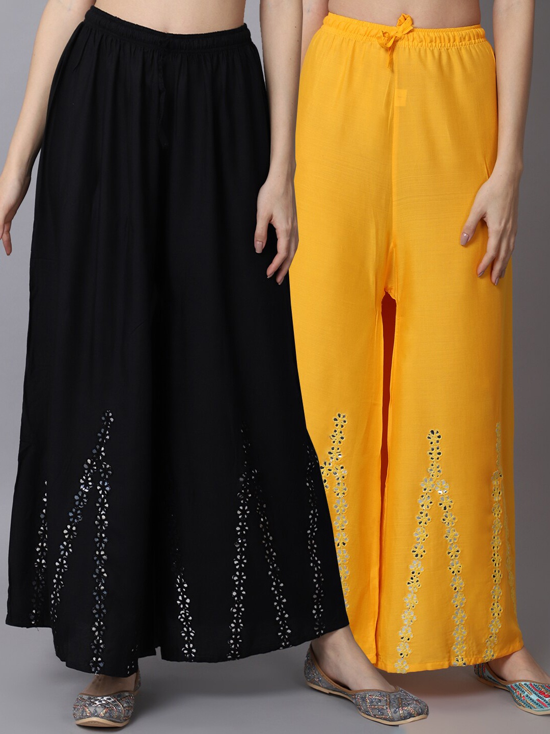 

GRACIT Women Black & Yellow Pack of 2 Floral Flared Ethnic Palazzos