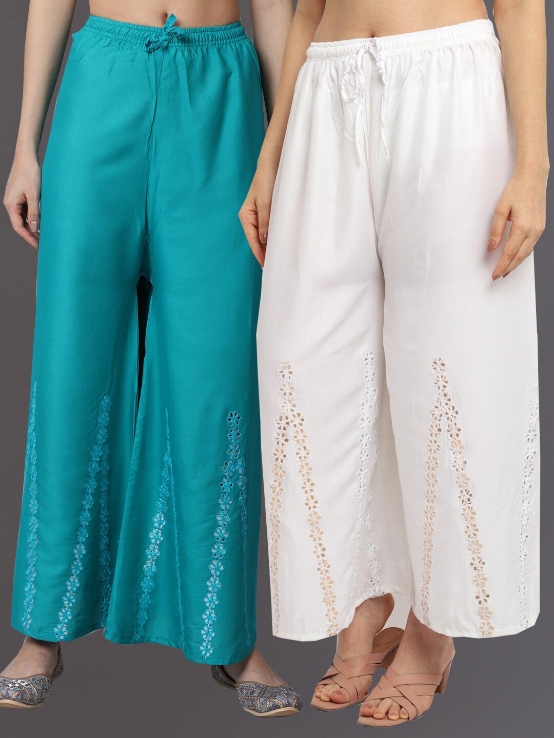 

GRACIT Women White & Green Pack of 2 Floral Flared Ethnic Palazzos