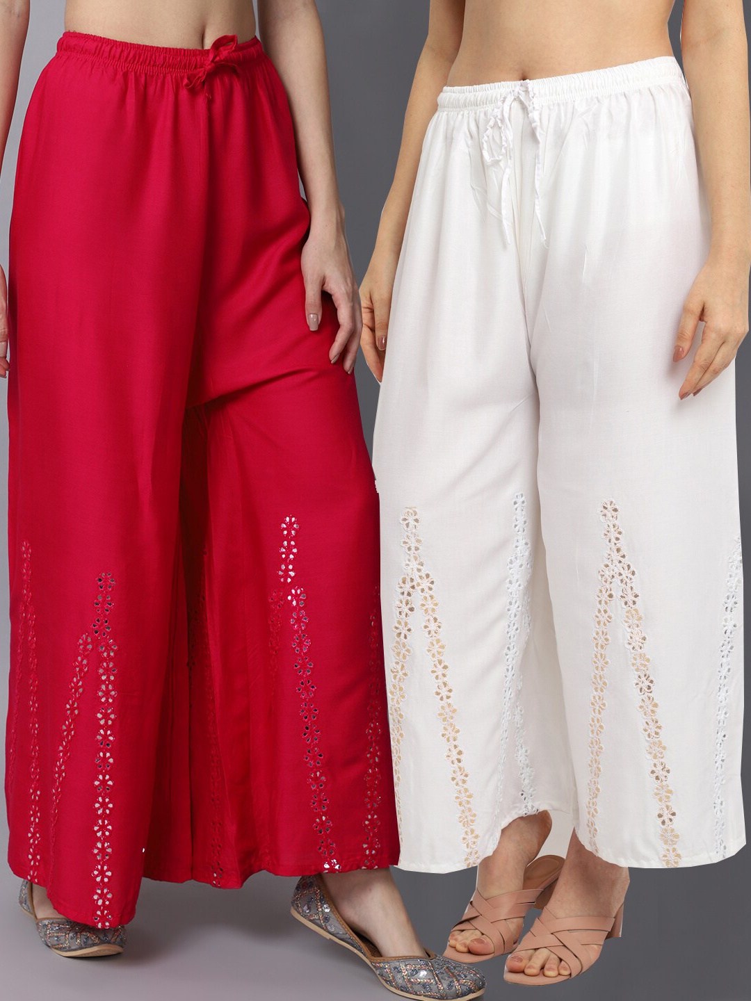 

GRACIT Women Pink & Off White Pack of 2 Floral Flared Ethnic Palazzos