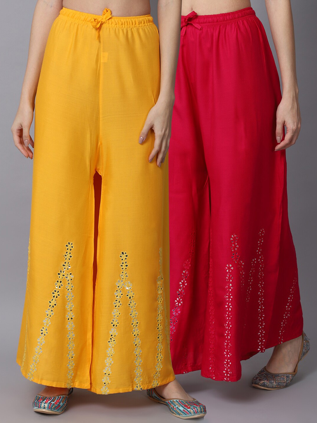 

GRACIT Women Yellow & Pink Pack of 2 Floral Embroidered Flared Ethnic Palazzos