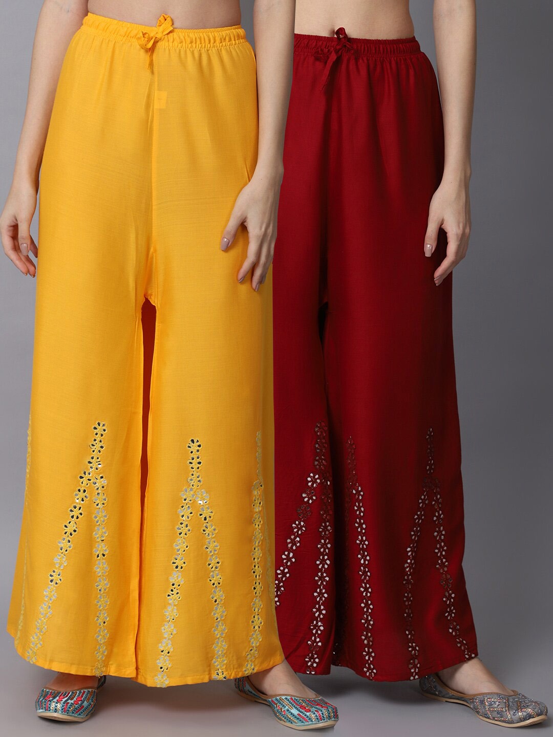 

GRACIT Women Yellow & Maroon Pack of 2 Embroidery Floral Flared Ethnic Palazzos