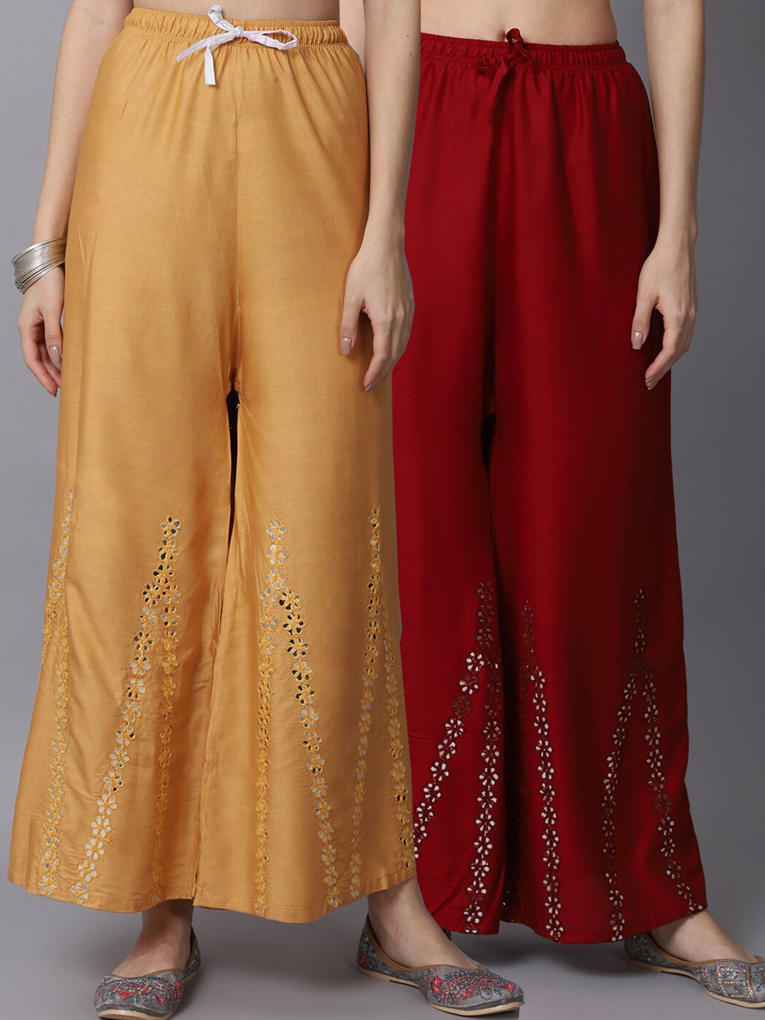 

GRACIT Women Beige & Maroon Pack of 2 Floral Embroidered Flared Ethnic Palazzos