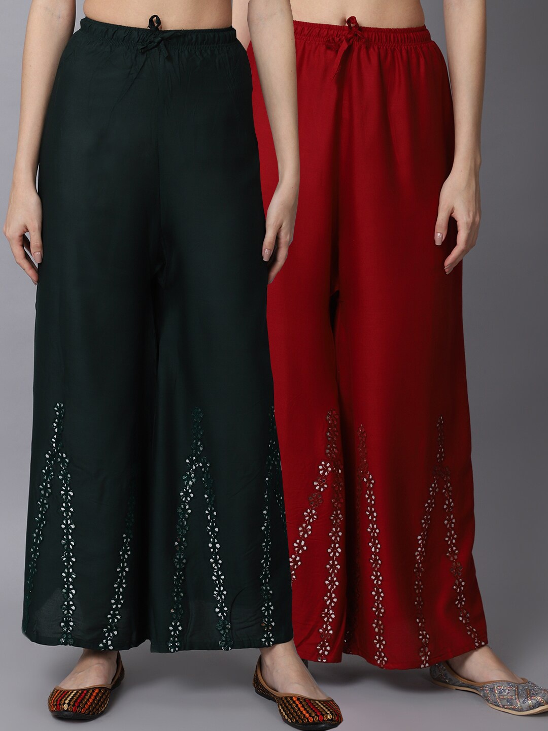 

GRACIT Women Green & Maroon Pack of 2 Floral Embroidered Flared Ethnic Palazzos