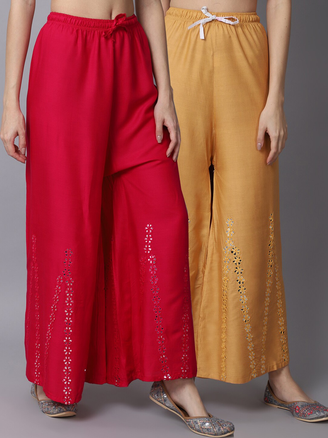 

GRACIT Women Pink & Beige Pack of 2 Floral Embroidered Flared Ethnic Palazzos