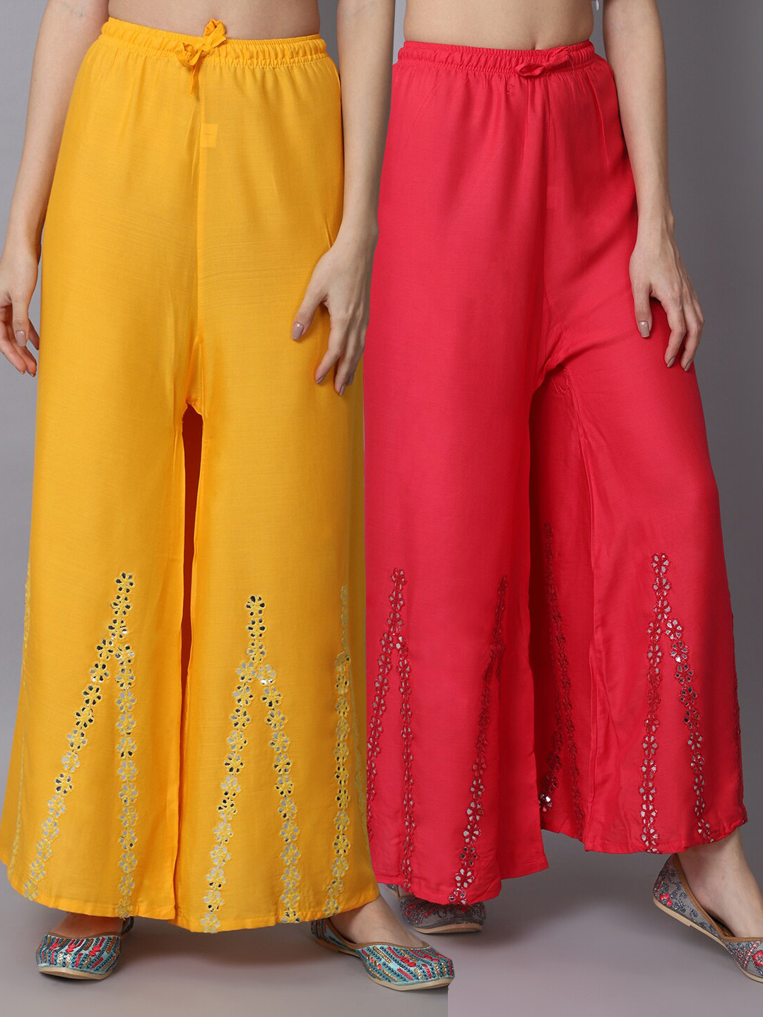

GRACIT Women Yellow & Pink Pack of 2 Floral Embroidered Flared Ethnic Palazzos