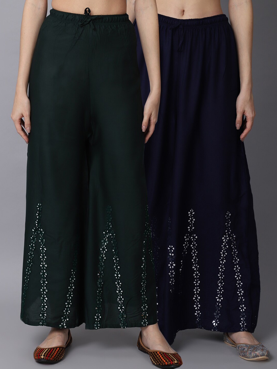 

GRACIT Women Green & Navy Blue Pack of 2 Floral Embroidered Flared Ethnic Palazzos