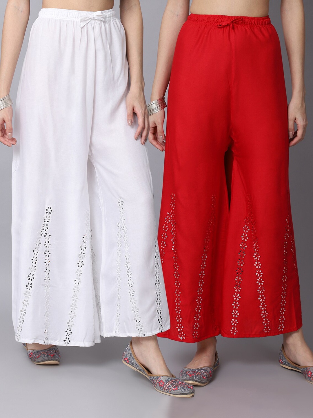 

GRACIT Women White & Red Pack of 2 Floral Embroidered Flared Ethnic Palazzos