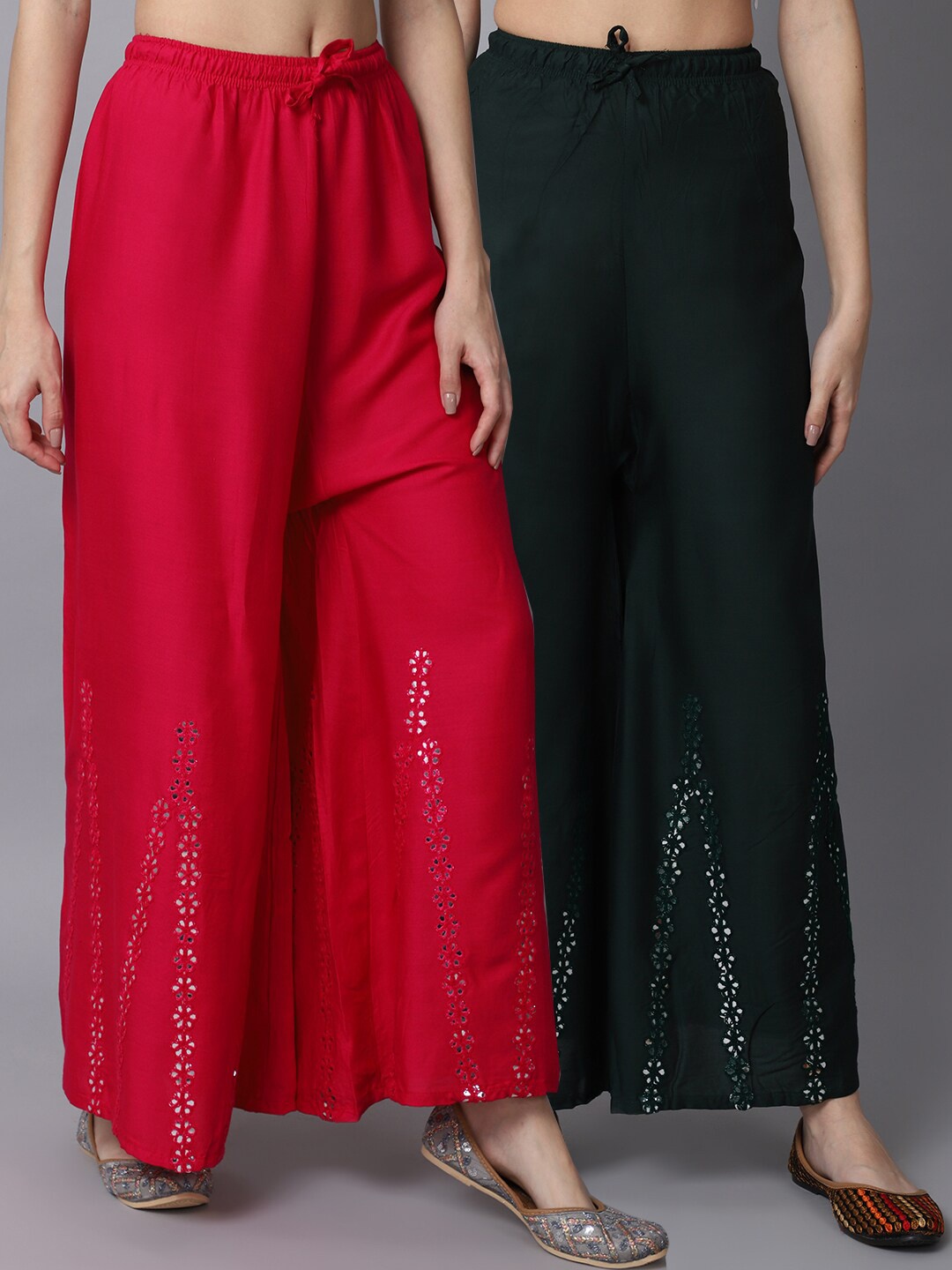 

GRACIT Women Pink & Green Pack of 2 Floral Embroidered Flared Knitted Ethnic Palazzos