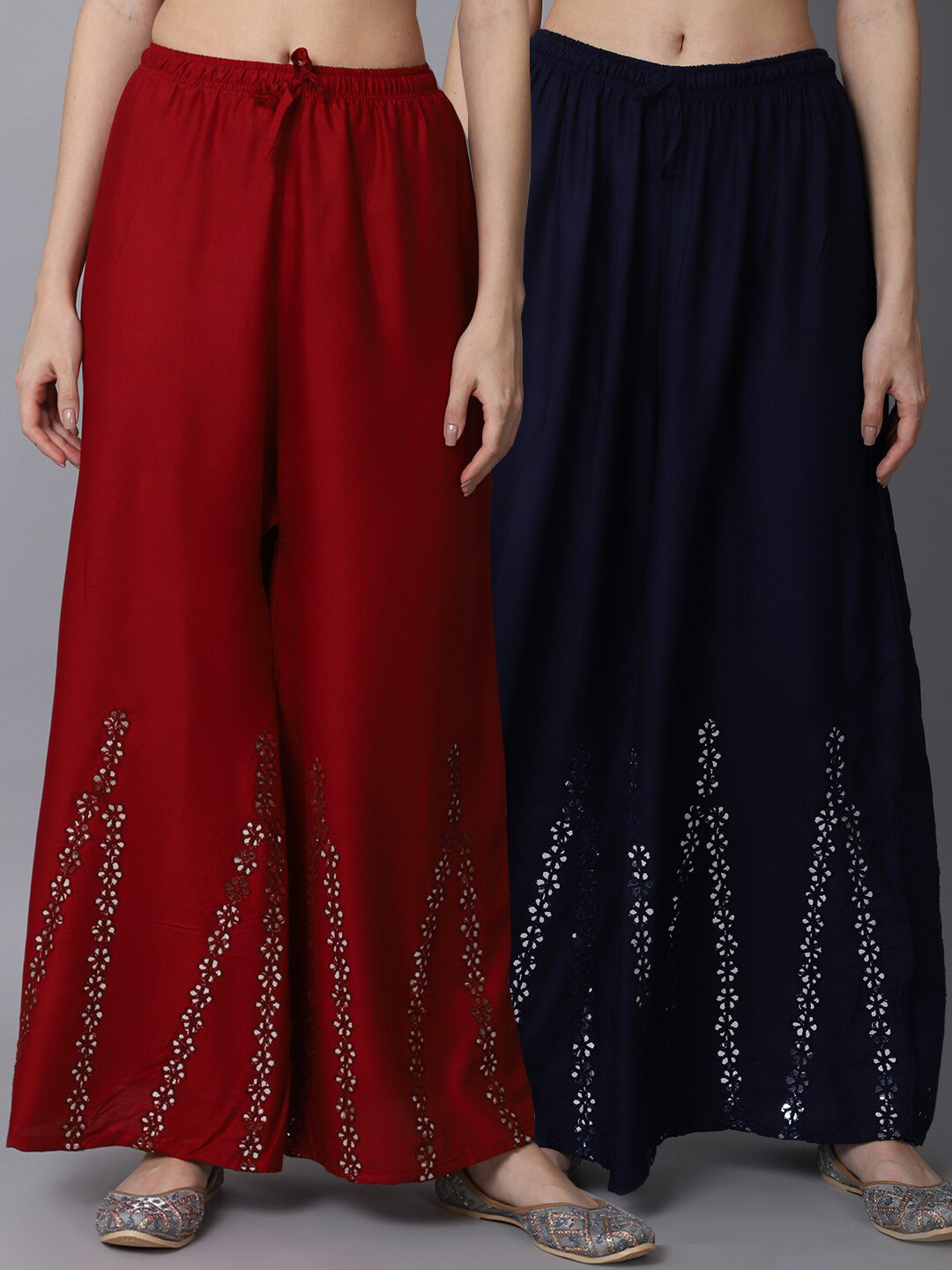 

GRACIT Women Maroon & Navy Blue Pack of 2 Floral Embroidered Flared Ethnic Palazzos