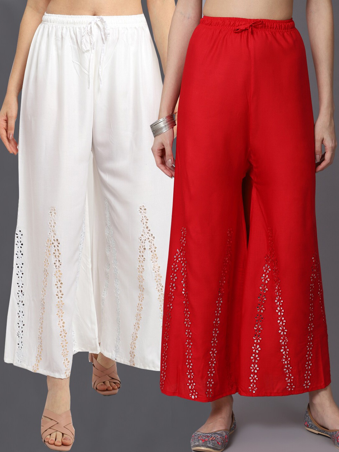 

GRACIT Women Red & Off White Pack of 2 Floral Embroidered Flared Palazzos