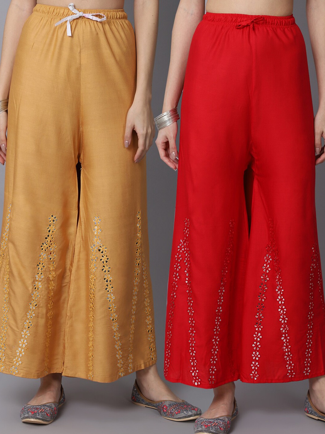

GRACIT Women Red & Nude-Coloured Pack of 2 Floral Embroidered Flared Ethnic Palazzos