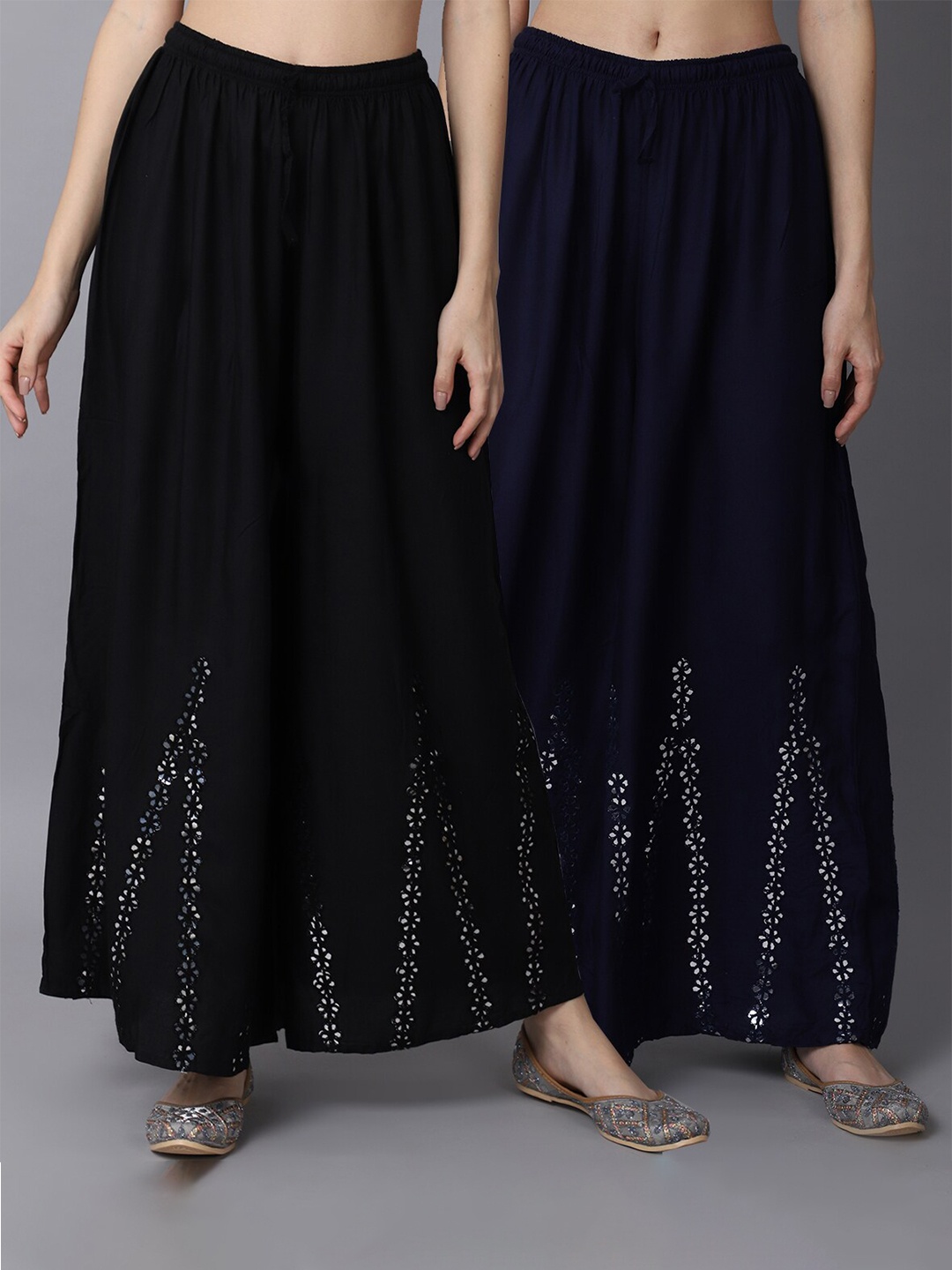 

GRACIT Women Black & Navy Blue Pack of 2 Floral Embroidered Flared Ethnic Palazzos