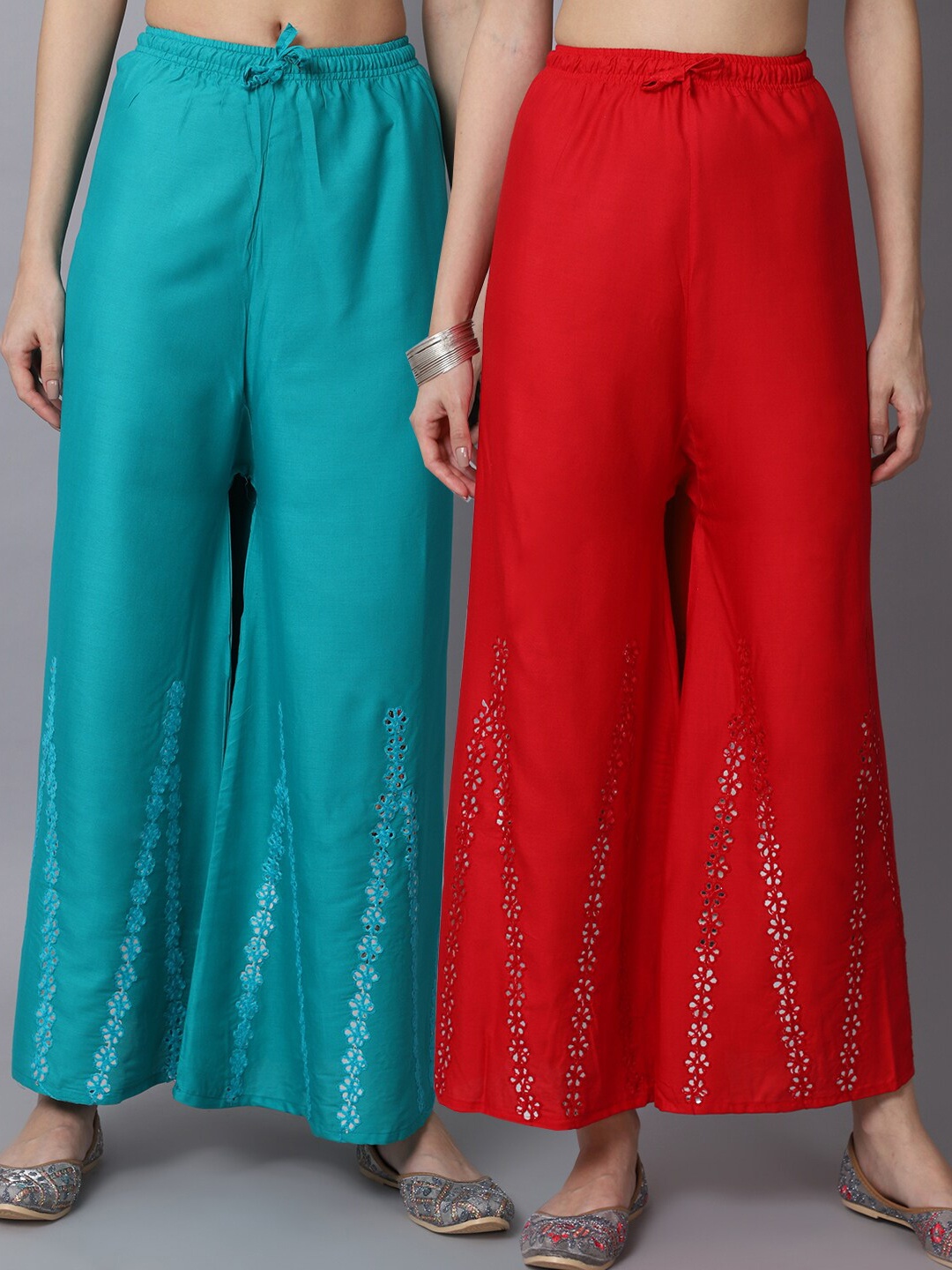 

GRACIT Women Pack of 2 Red & Green Embellished Flared Palazzos