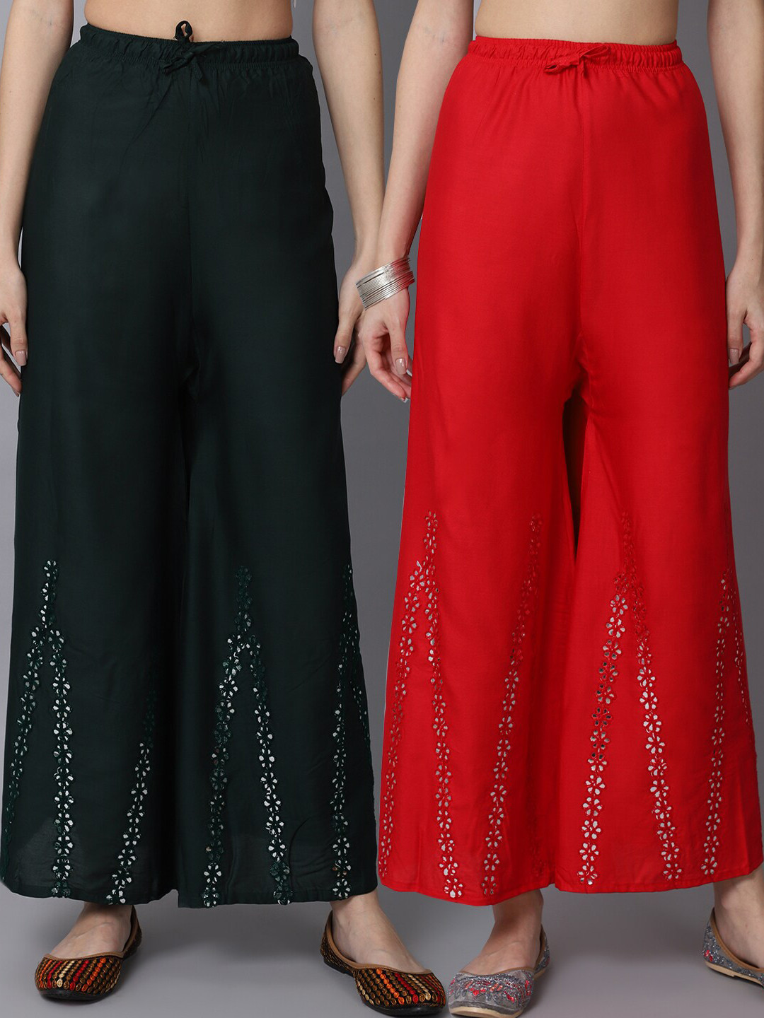 

GRACIT Women Red & Green Pack of 2 Flared Embroidered Flared Ethnic Palazzos