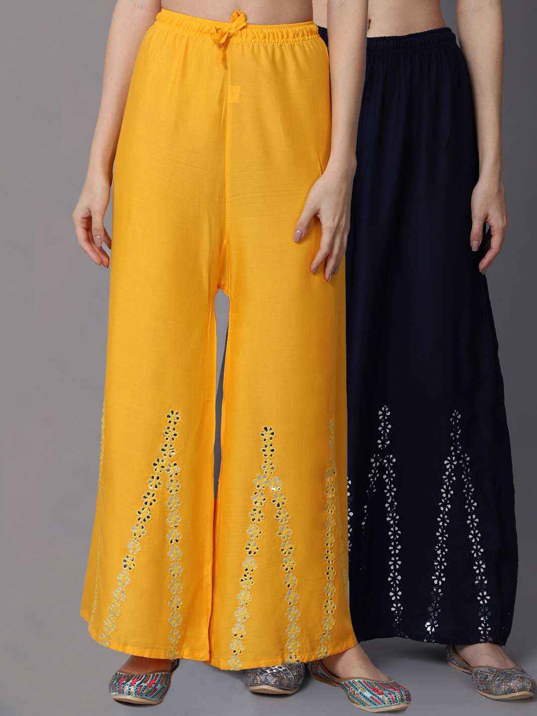 

GRACIT Women Yellow & Navy Blue Pack of 2 Floral Embroidered Flared Ethnic Palazzos