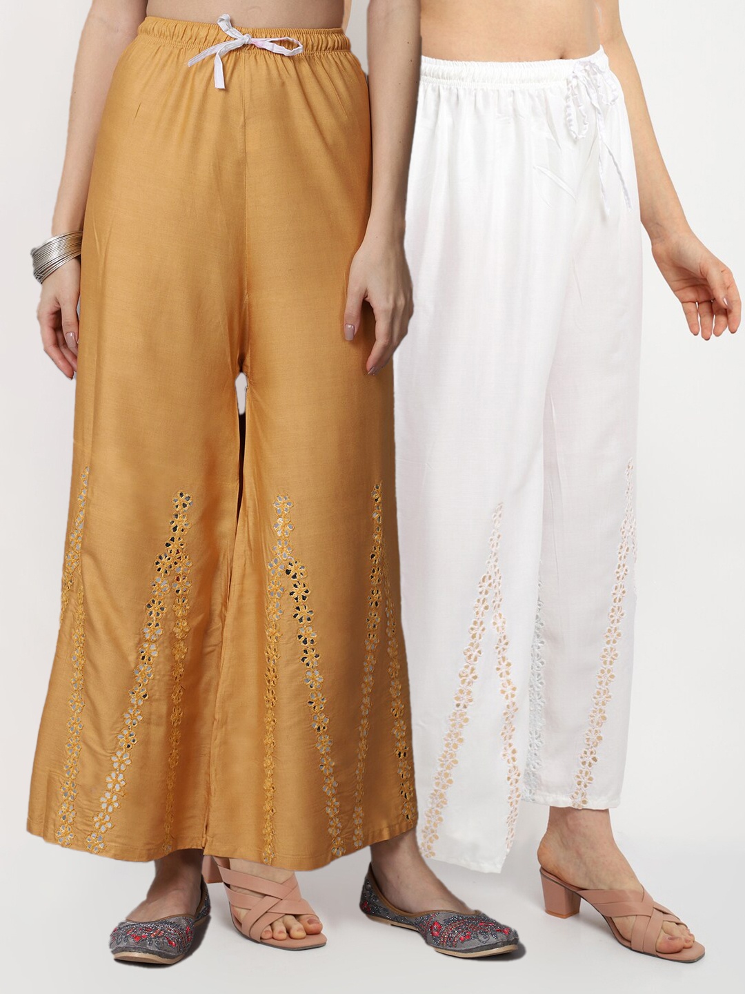 

GRACIT Women Beige & Off White Pack of 2 Floral Embroidered Flared Ethnic Palazzos